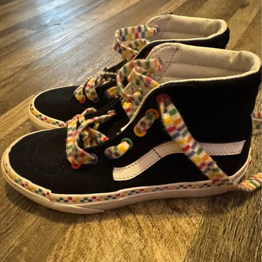 Kids Rainbow Checkered Vans hi tops